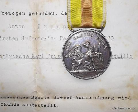 Baden, Silberne Militärische Karl-Friedrich-Verdienstmedaille (8. Ausgabe), mit Verleihungsurkunde (1918) usw.